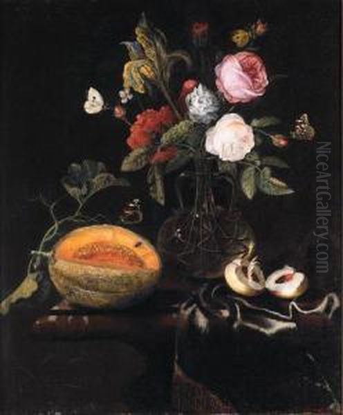 Roses, An Iris And Other Flowers
In A Glass Vase, A Melon And Apeach With Butterflies On A Draped Marble
Table - view 1