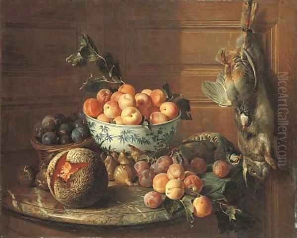 Plums in a basket and apricots in a blue and white bowl, with figs, a melon, plums, peaches and a red-legged partridge on a marble shelf, by a rabbit - view 1