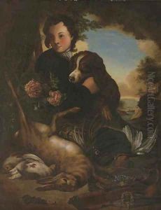 A boy and a dog with dead game by a tree in a landscape A boy and a dog with dead game by a tree in a landscape