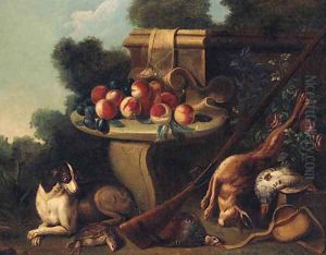 A spaniel guarding dead game by a stone seat laden with fruit by Alexandre-Francois Desportes