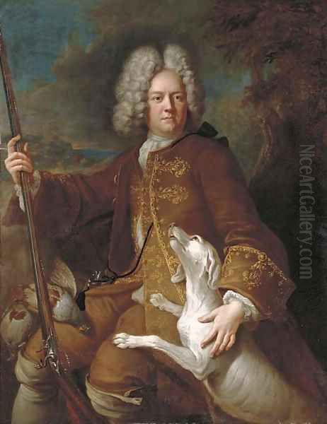 Portrait of a huntsman, seated, three-quarter-length, holding a rifle, in a landscape with his dog - view 1