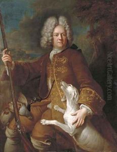 Portrait of a huntsman, seated, three-quarter-length, holding a rifle, in a landscape with his dog