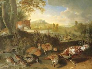 English and French partridge, a covey of quail and an ornamental pheasant disturbed by a fox, on a riverbank by Alexandre-Francois Desportes