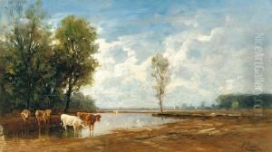 Kuhe An Der Tranke An Einem Herbstlichen Tag by Heinrich Neppel