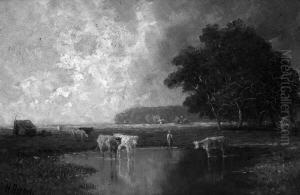 H. "kuhe Am Wasser". Sign. Ol Auf
Karton. 19,5 X 28,5 Cm. Rahmen by Heinrich Neppel