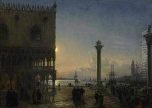 Moonlit Piazetta. Signed Below Left: F. Nerly. Oil On Canvas. 81 X 111,5cm. Framed. by Friedrich Nerly