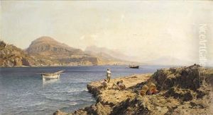 Fishermen On A Rocky Island Off Capri by Friedrich Nerly