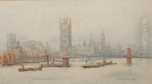 A View Of Westminster Cathedral And The Houses Of Parliament From The Thames by Frances E. Nesbitt