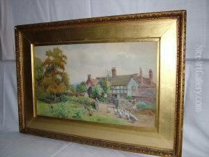 A Study Of A Country House With A Paddock, Geese And Hens