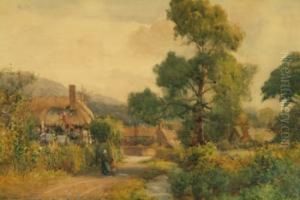 Figures On A Country Lane By A Thatched Cottage, Village Beyond, Signed Lower Left