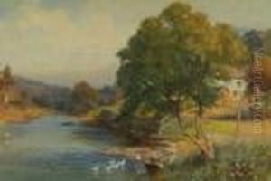The Seven Valley From Iron 
Bridge, Figures In A River Landscape, Signed Lower Left, Title Verso, 
Watercolour, Heightened White, 36cms X 65cms See Illustration by Arthur Netherwood