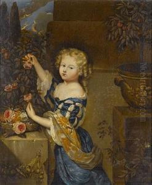 Portrait Of A Young Girl,
Smallthree-quarter-length, In A Blue Dress With A Gold Wrap,
Pickingroses, A Basket Of Flowers On A Stone Plinth At Her Side - view 1