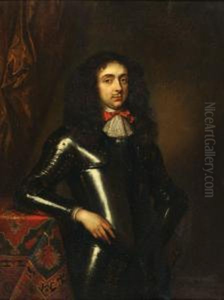 Portrait Of Agentleman In
Armour, Three Quarter Length Standing, His Right Armresting On A Table - view 1