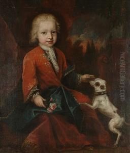 Portrait Of A Young Child, 
Seated, Full-length In A Red Robe And A Blue Wrap, Holding A Posy Of 
Flowers And Stroking A Dog, A Park Landscape Beyond