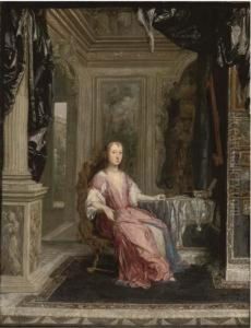 Portrait Of A Lady, Seated 
Full-length, In An Interior, Holding Astring Of Pearls In Her Right Hand by Constantin Netscher