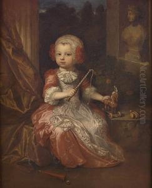 Portrait Of A Young Boy, 
Small-full-length, In A Salmon Coloured Gown With A Lace Trimmed Apron, 
And A Lace Bonnet, Holding A Crop And A Toy Horse, By A Partially Draped
 Column, A View To A Garden Beyond - view 1