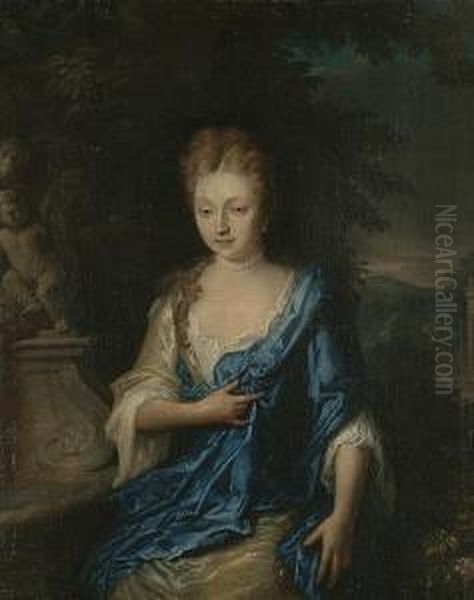 Portrait Of A Lady Wearing A White And Blue Dress, Seated In A Garden - view 1