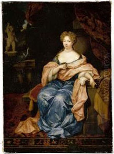 Portrait Of A Lady Seated In An
Interior, Full Length, Wearing A Blue Silk Dress With A Pink Silk Shawl - view 1