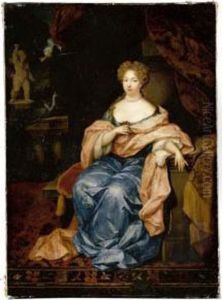 Portrait Of A Lady Seated In An 
Interior, Full Length, Wearing A Blue Silk Dress With A Pink Silk Shawl by Constantin Netscher