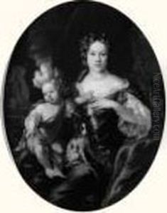 Portrait D'une Jeune Mere Avec Son Fils Et Leur Chien