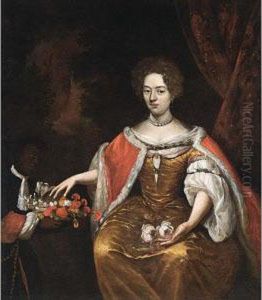 Portrait Of A Lady Holding A Possy Of Roses With Her Servant Offering Flowers