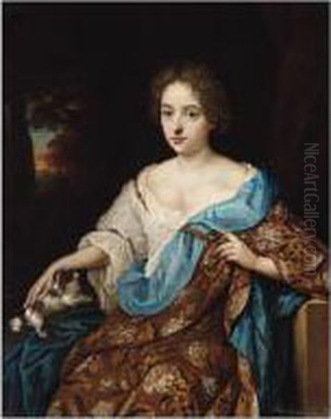 Portrait Of A Lady, Three 
Quarter Length, Seated, Wearing A Brown Embroidered Dress And Blue 
Mantle, With Her Pet Dog - view 1