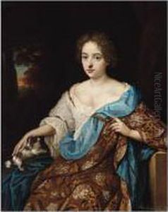Portrait Of A Lady, Three 
Quarter Length, Seated, Wearing A Brown Embroidered Dress And Blue 
Mantle, With Her Pet Dog