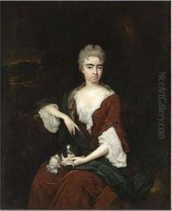 A Portrait Of A Lady, Believed
To Be Of Lady Elisabeth Noel, Countess Of Portland (1688-1736/7),
Seated Three Quarter Length, Wearing A Dark Red Velvet Dress And A
Blue Shawl, Holding A Lapdog by Constantin Netscher