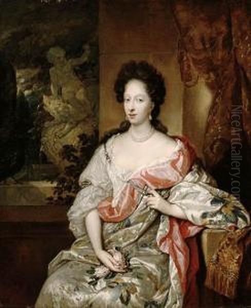 Portrait Of A Lady, Seated
Three-quarter Length By A Casementbefore A Fountain, Holding A Posy Of
Roses In Her Lap - view 1