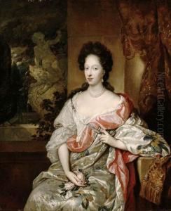 Portrait Of A Lady, Seated 
Three-quarter Length By A Casementbefore A Fountain, Holding A Posy Of 
Roses In Her Lap by Constantin Netscher