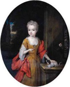 Portrait Of Henriette Bentinck 
(1705-1792), Later Countess Of Clanbrassill, Standing Small 
Three-quarter Length, On A Terrace,wearing A Yellow Silk Dress, Lace 
Chemise And Red Wrap, Holding Abiscuit In Her Right Hand, Her Left Hand 
Resting On Her 