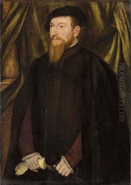 A Portrait Of A Gentleman,
Three-quarter Length, Wearing A Black Coat And Holding A Pair Of Gloves
And A Sword - view 1