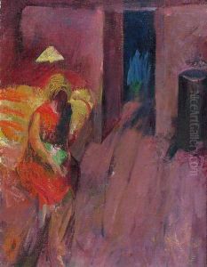 "rotes Interieur Mit Sitzender Frau". by Werner Neuhaus
