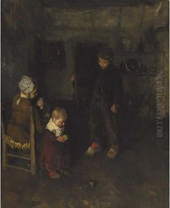 Children Playing With A Top In A Kitchen Interior by Albertus Johan Neuhuys