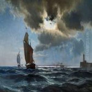 Ships Off The Coast By Night by Carl Johan Neumann