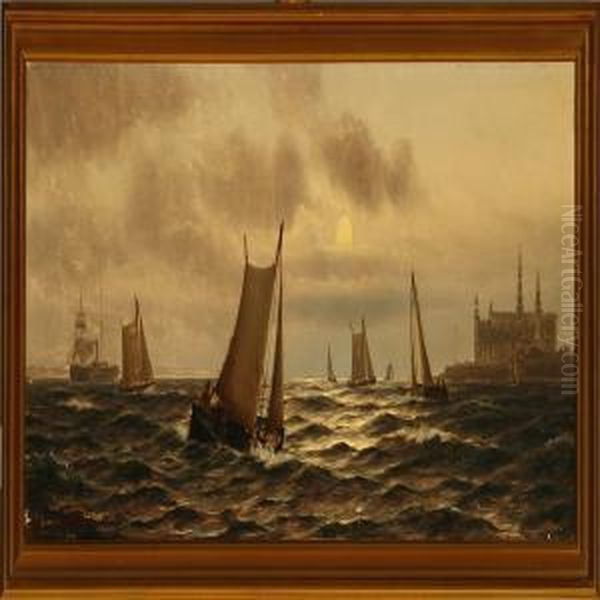 Marine Off The Coast Of Elsinore Castle At Moonlight - view 1
