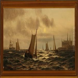 Marine Off The Coast Of Elsinore Castle At Moonlight by Carl Johan Neumann