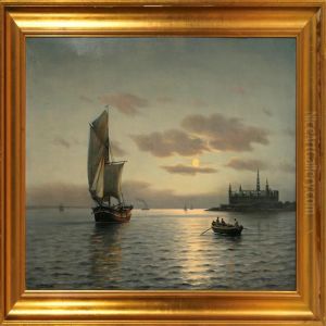 Marine With Sailing Ships Off The Coast Of Elsinore Castle by Carl Johan Neumann