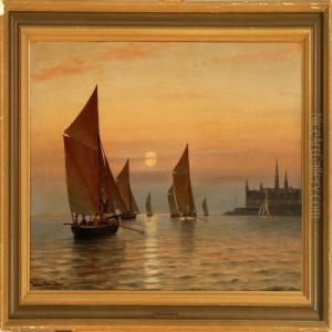 Marine Along The Coast Of Elsinore Castle At Sunrise by Carl Johan Neumann