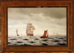A Marine With Sailing Ships 
Along The Coast Of Elsinore Castle, Denmark. Signed And Dated Joh. 
Neumann 1902