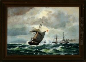 A Danish Marine With Sailing And Steam Ships. Signed And Dated Joh. Neumann 1893