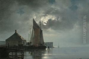 A Moonlit Harbour by Carl Johan Neumann