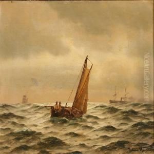 Seascape With A Couple Of Fishermen In A Sailing Boat by Johann Neumann