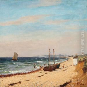 Seashore With Several Sailing Ships In The Front Playingchildren And Boats On The Shore