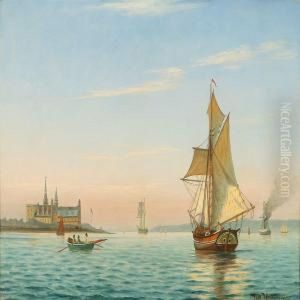 Marine With Sailing Ships Near Elsinor Castle by Johann Neumann