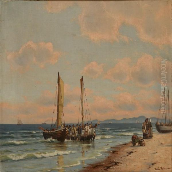 Coastal Scene With Fishermen Pulling Their Boats Ashore - view 1
