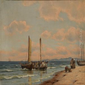 Coastal Scene With Fishermen Pulling Their Boats Ashore