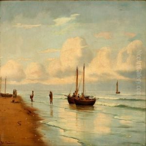 Early Morning Coastal Scene With Fishermen by Johann Neumann