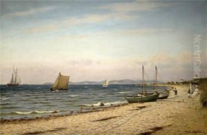 Strandpartie Mit Einer Familie Und Segelschiffen Vor Kuste Strandpartie Mit Einer Familie Und Segelschiffen Vor Kuste