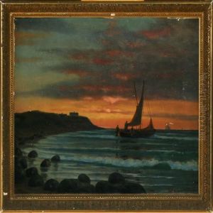Fischermen At Sea In The Evening Sun by Johann Neumann